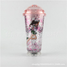 2019新款LED灯定图圆盖双层吸管杯创意吸管杯 16OZ炫彩果汁杯