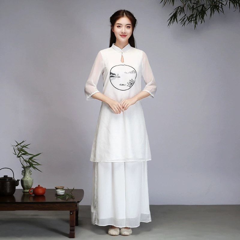 Женское шифоновое модифицированное платье-Чонсам средней длины в китайском художественном стиле Дзен-чайный костюм для йоги дзен-костюм