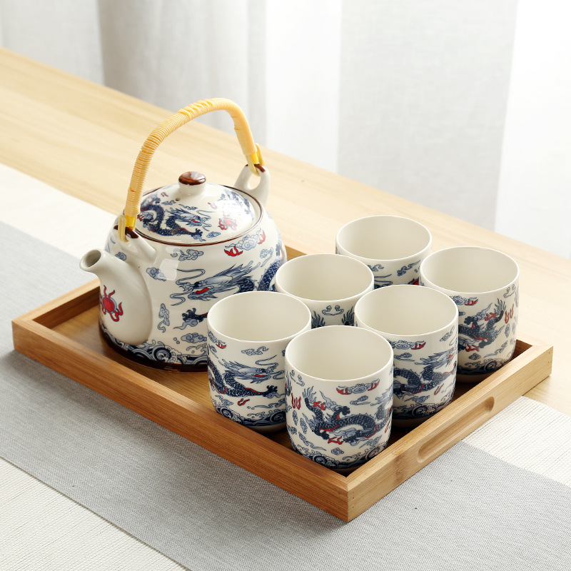 Tetera grande bandeja de té cerámica porcelana azul y blanca Kung Fu haz olla hogar simple juego de té traje bandeja una olla seis tazas