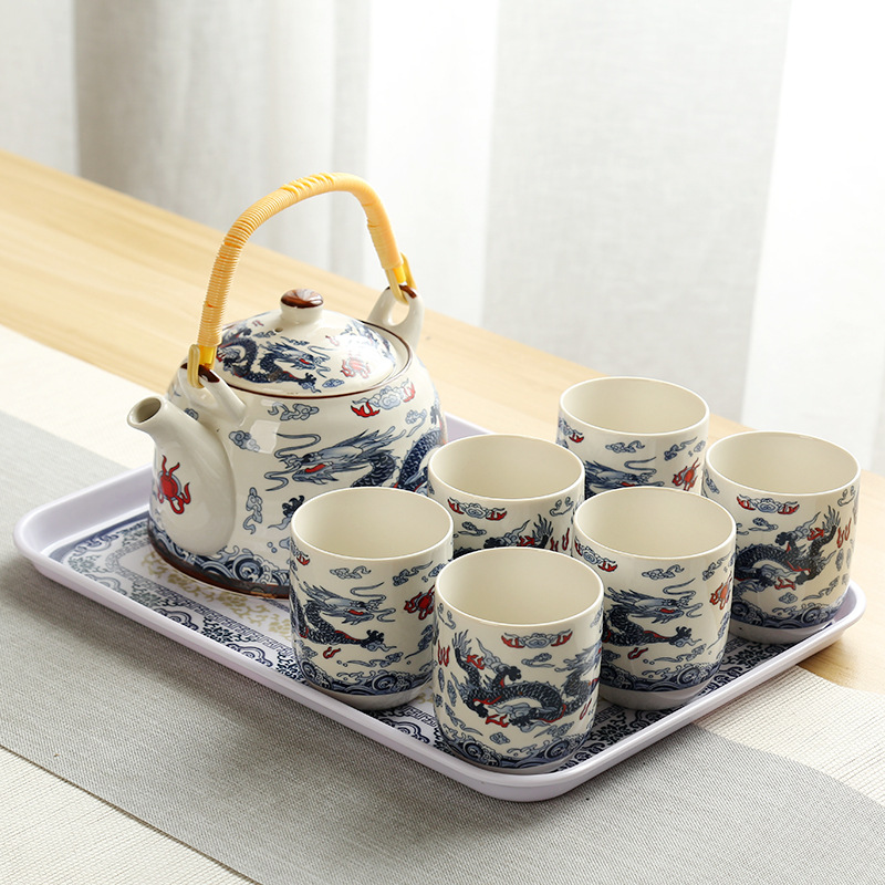 Tetera grande bandeja de té cerámica porcelana azul y blanca Kung Fu haz olla hogar simple juego de té traje bandeja una olla seis tazas
