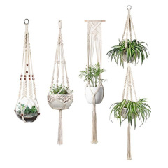 Plant Pot Hanger, Hanging Basket Plant Hook for Indoor and Outdoor Wall, Woven Suspension Home Decor 4-Piece Set with Plant Pot Net Bag