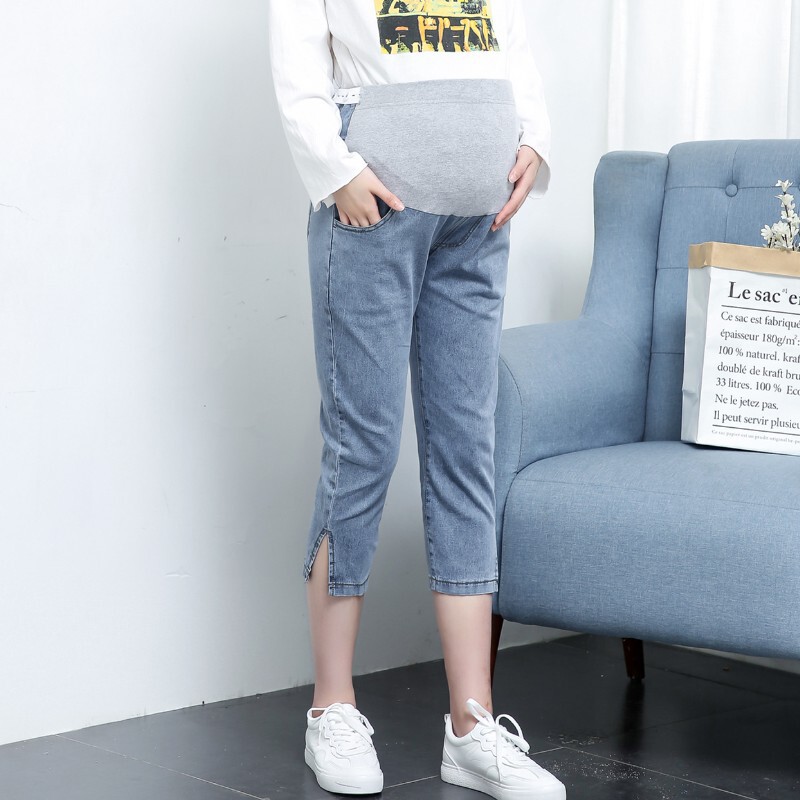 Pregnant Women's Jeans Women's Large Size Pregnant Women's Pants Capri Short Pants Summer New Blue Stretch Pants