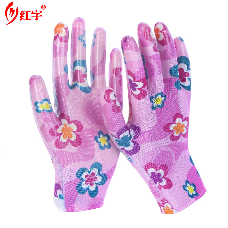 Guantes de nitrilo de impresión de nylon sumergiendo guantes de protección laboral antideslizante resistente al desgaste sitio de construcción transpirable jardinería Comercio exterior guantes de trabajo