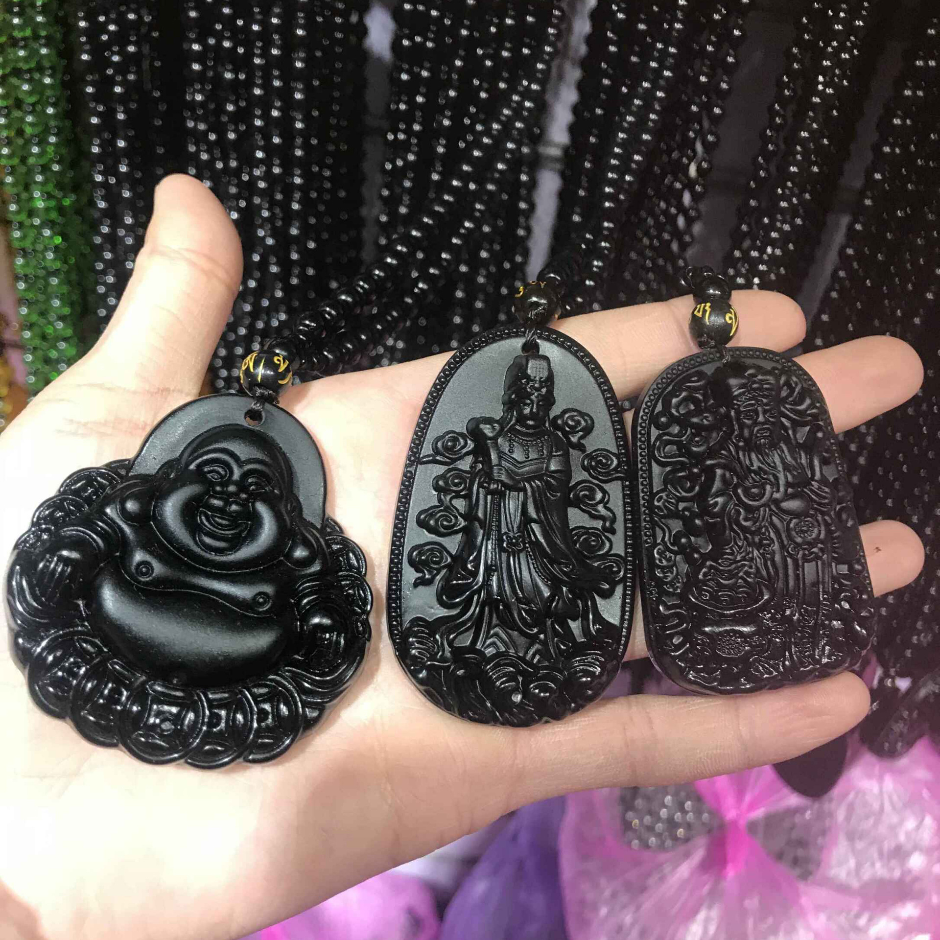 Factory Direct Supply Retro Obsidian Necklace God of Wealth Guanyin Maitreya Pendant Jewelry for Men and Women