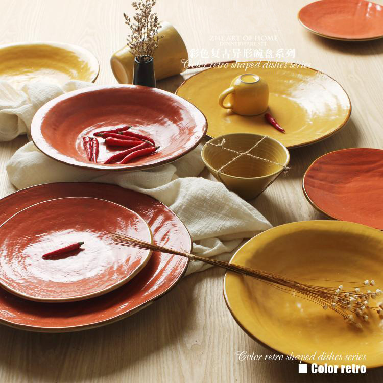 Cerámica creativa occidental retro vajilla moda europea y americana Placa de color hogar occidental comida tazón placa pareja taza