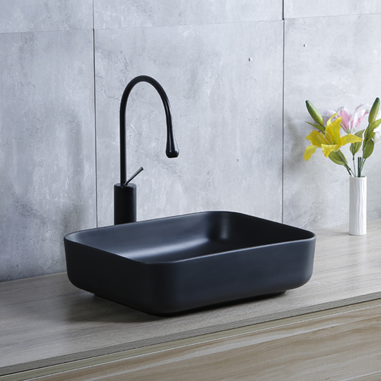 Lavabo Hengying, lavabo artístico de cerámica negra, cuadrado con esquinas redondeadas, estilo nórdico, lavabo simple, moderno y minimalista.
