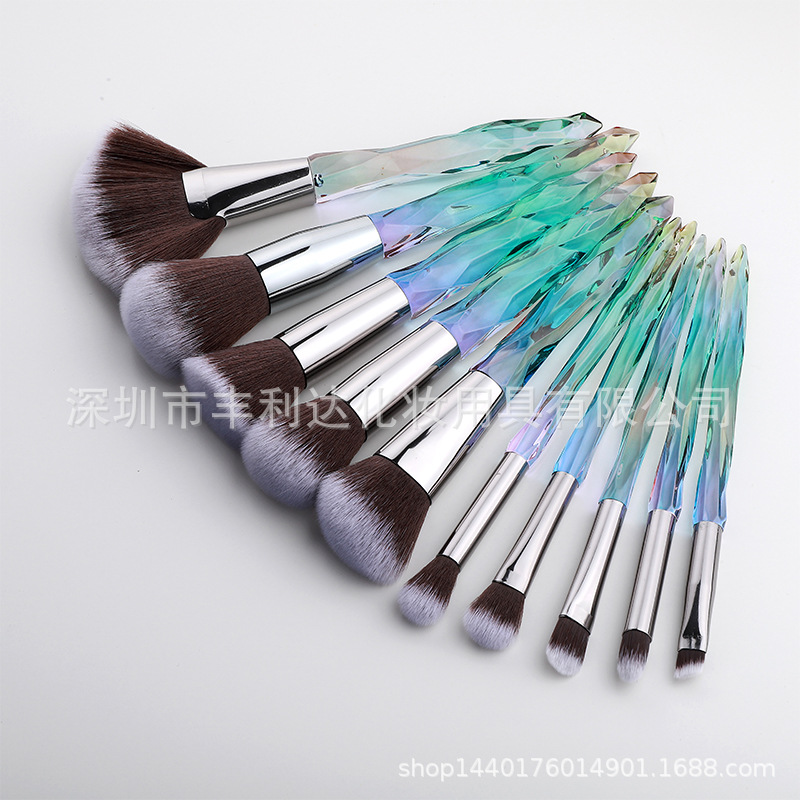 Fenglida 10 pinceles de maquillaje de cristal traje transparente diamante mango ventilador cepillo al por mayor sombra de ojos cepillo herramientas de maquillaje