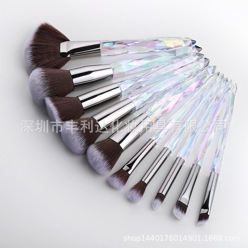 Fenglida 10 pinceles de maquillaje de cristal traje transparente diamante mango ventilador cepillo al por mayor sombra de ojos cepillo herramientas de maquillaje