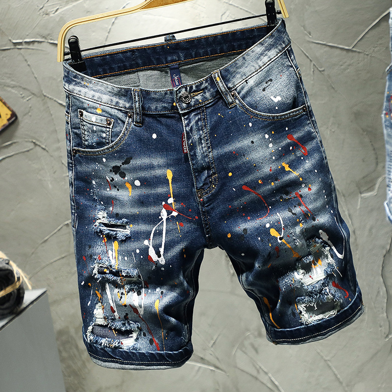 Cross-border style DSQ European and American handmade worn jeans men's personality shorts good end D2 paint pants Cross-border style DSQ European and American handmade worn jeans men's personality shorts good end D2 paint pants