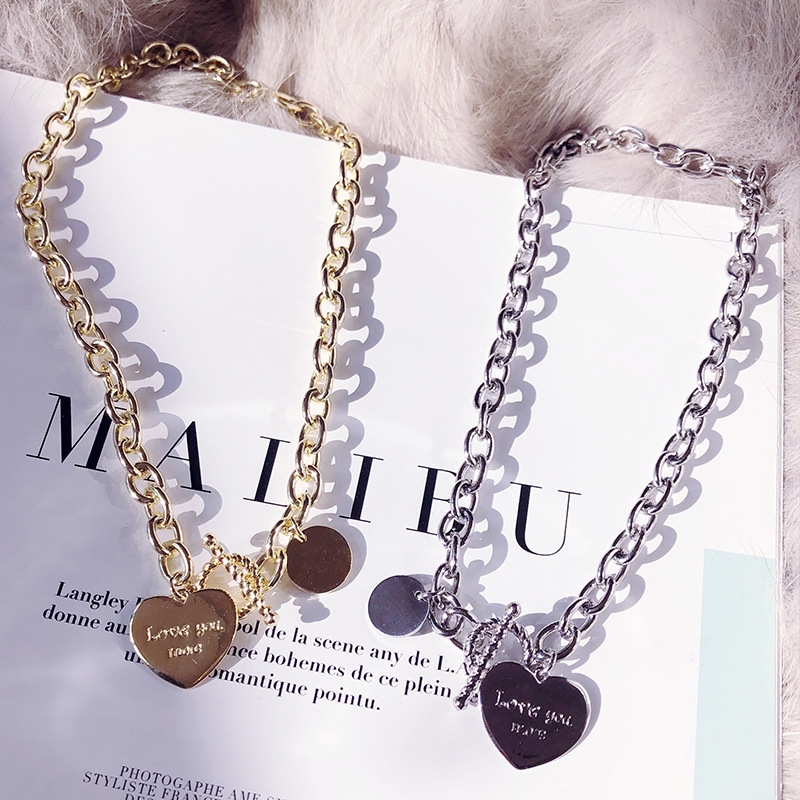 欧美嘻哈网红爱心项链 个性潮人心形字母吊坠链条锁骨链酷饰品