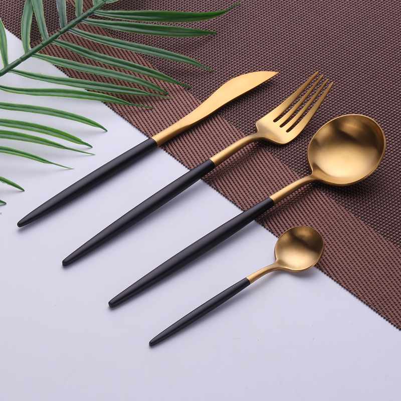 High-End Western Knife, Chopsticks, Fork and Spoon 304 Stainless Steel Tableware Black Gold Primary Color Steak Knife, Fork and Spoon Set High-End Western Knife, Chopsticks, Fork and Spoon 304 Stainless Steel Tableware Black Gold Primary Color Steak Knife, Fork and Spoon Set
