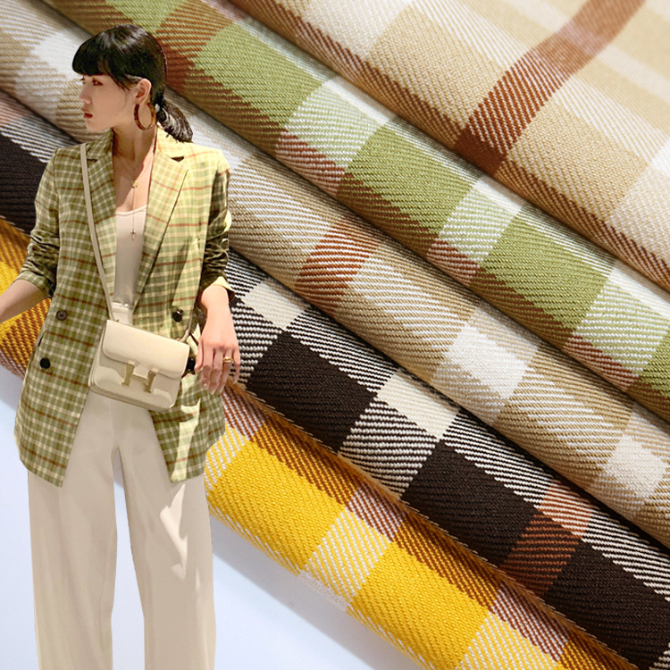 工厂现货涤纶弹力格子面料tr西装套装面料春秋服装布料衬衫格子布