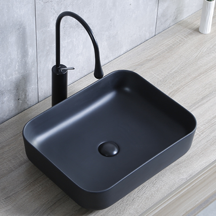 Lavabo Hengying, lavabo artístico de cerámica negra, cuadrado con esquinas redondeadas, estilo nórdico, lavabo simple, moderno y minimalista.