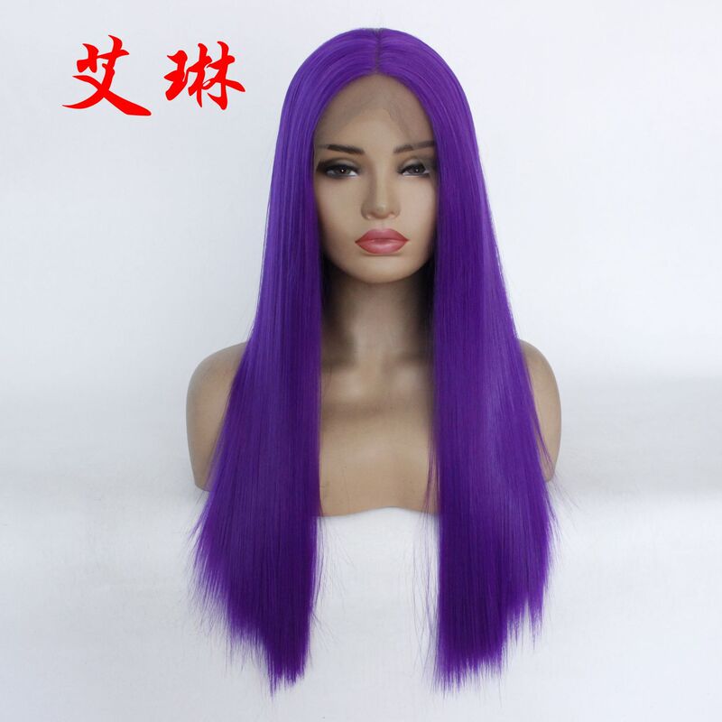 Amazon European and American Wig Women's Front Lace Fashion dark purple Long Straight Hair Chemical Fiber Front Lace Half Mechanism Headgear