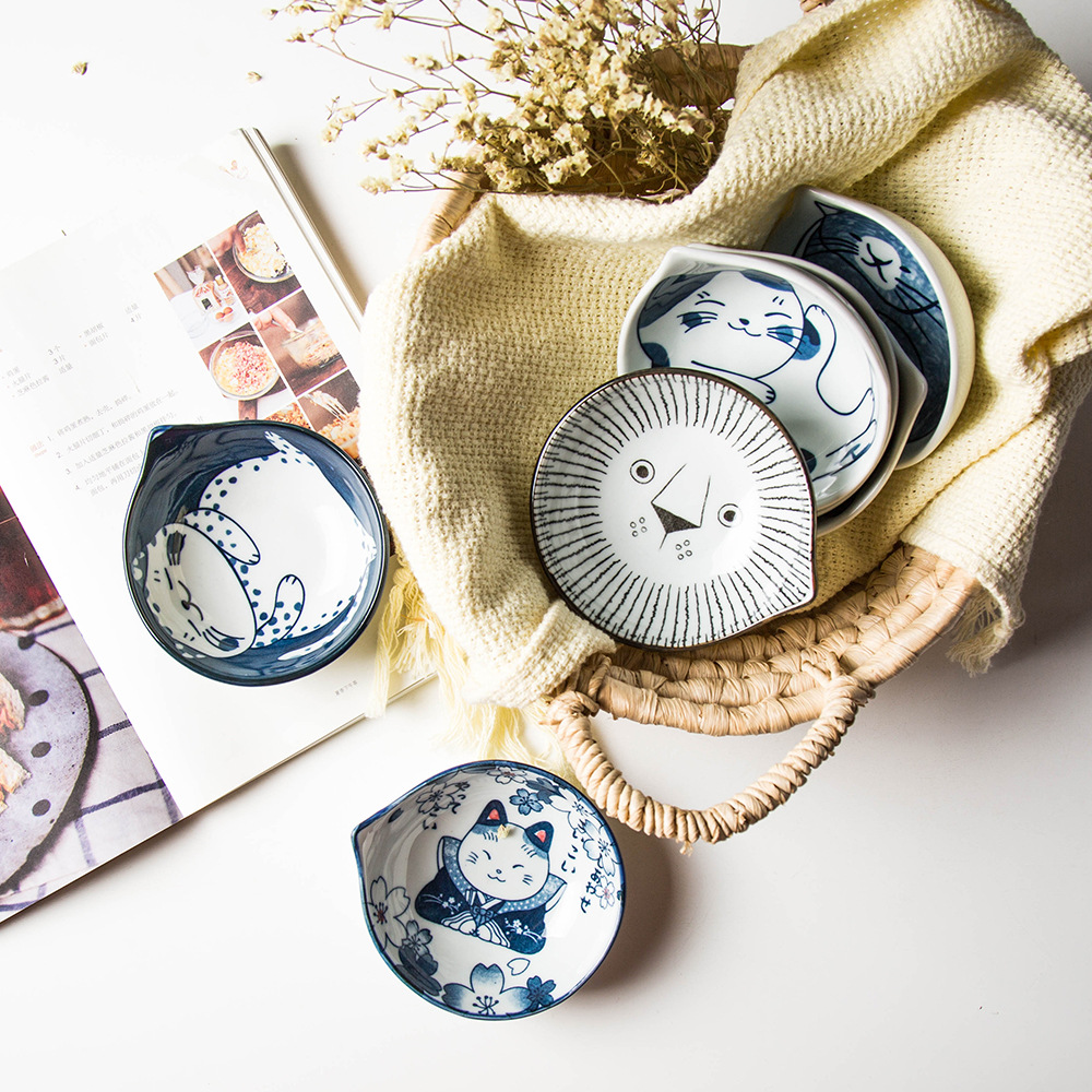 Creativo de cerámica estilo japonés bajo vidriado pintado a mano japonés vajilla gato gota de agua tazón de arroz ramen tazón salsa plato