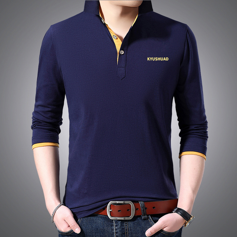 Polo Shirt Men's Long-sleeved Spring Lapel T-shirt Led Solid Color Black Autumn Clothes with Collar Inner Base Shirt