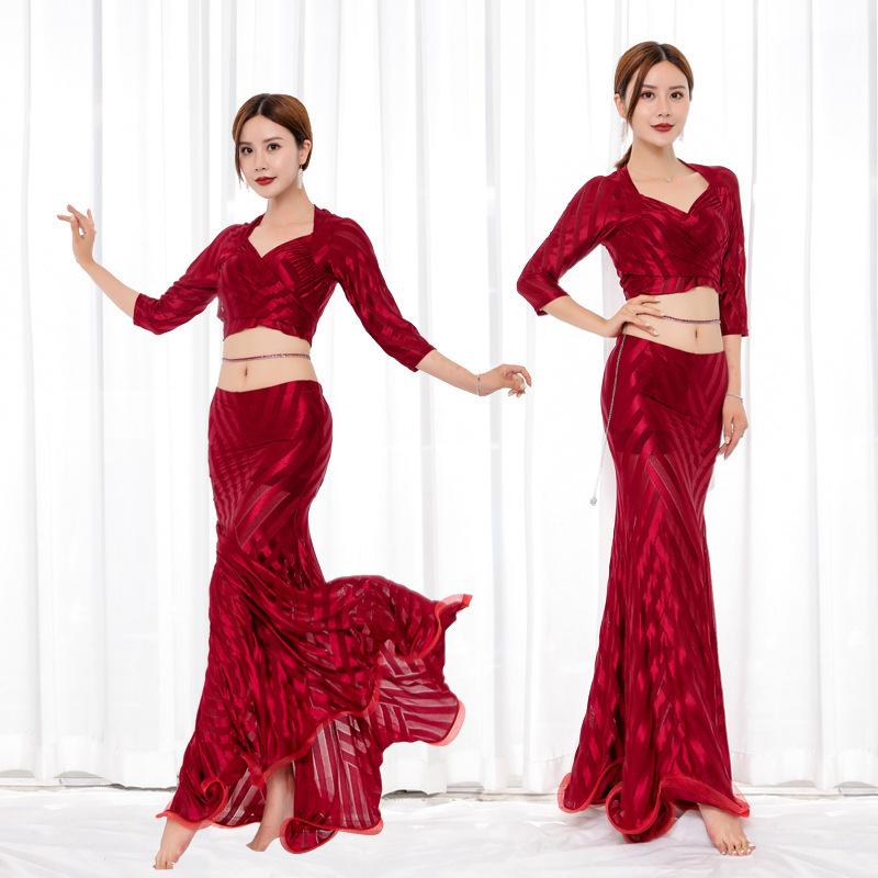 Autumn and Winter Belly Dance Clothing Sexy Transparent Stripesd Lace Practice Clothing Oriental Dance Practice Clothing Set Autumn and Winter Belly Dance Clothing Sexy Transparent Stripesd Lace Practice Clothing Oriental Dance Practice Clothing Set