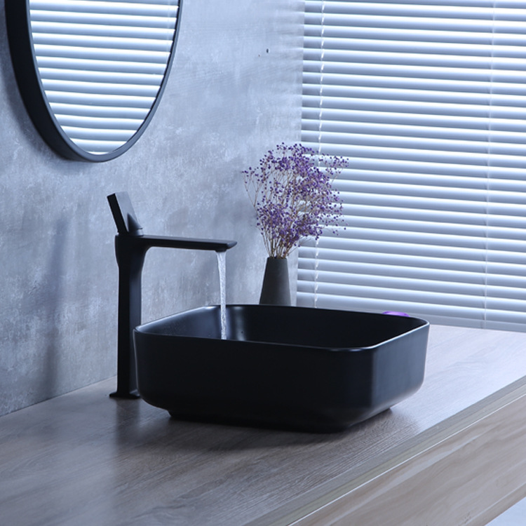 Hengying lavabo cuenca artística mate negro cuadrado cuenca redondeada Estilo nórdico cerámica borde fino Hotel casa image 4