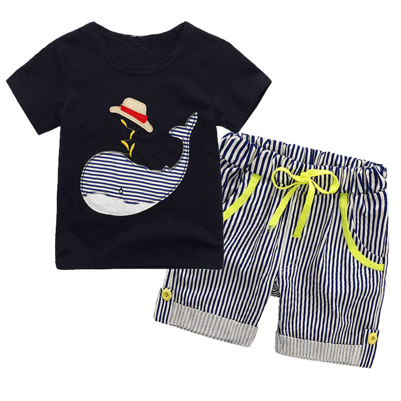 2025 Summer New Children's Short Sleeve Set Whale Baby Striped Boys Cartoon T-Shirt and Shorts Two-Piece Set