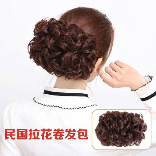 Wig women's retro folk cheongsam curly hair bun flower hair bun hair iron fluffy head flower bun hair bun