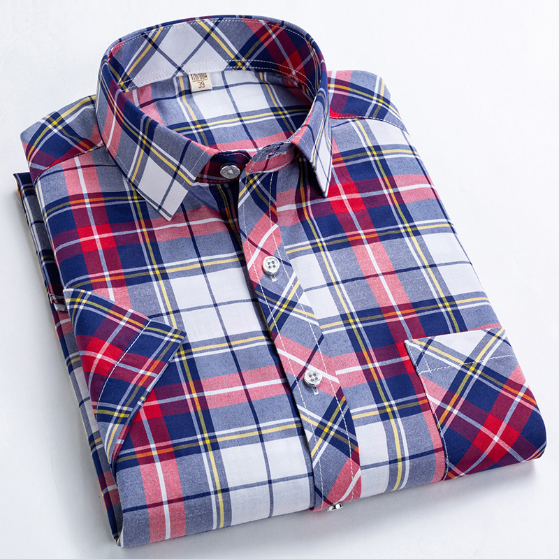 Nueva camisa de manga corta para hombres camisa azul a cuadros más tamaño camisa de media manga para hombres solapa casual Camisa de manga corta para hombres