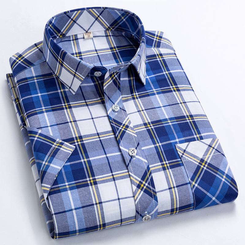 Nueva camisa de manga corta para hombres camisa azul a cuadros más tamaño camisa de media manga para hombres solapa casual Camisa de manga corta para hombres