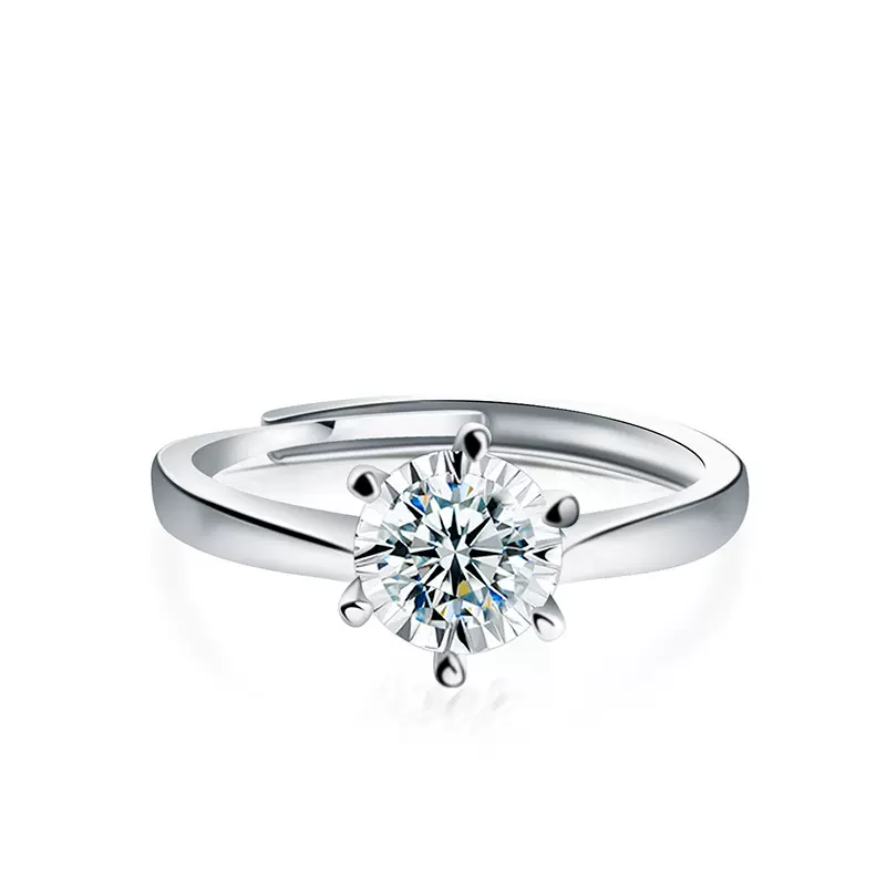 批发莫桑石女戒 六爪1克拉d色镶嵌925纯银开口可调节莫桑钻戒指