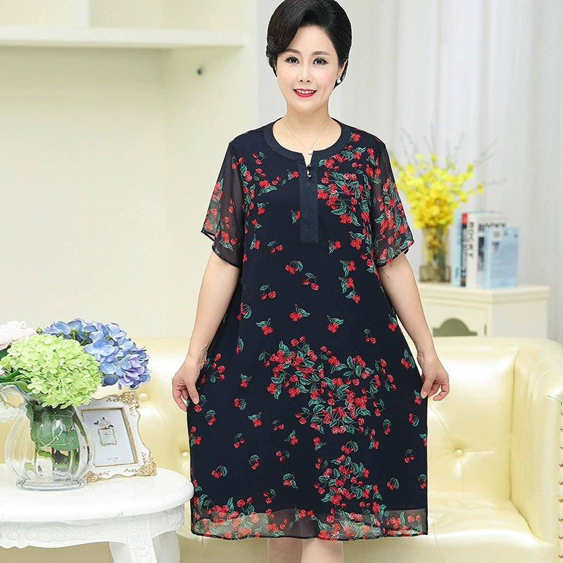 Женская одежда среднего и пожилого возраста, шифоновое платье средней длины, большие размеры, летняя одежда для полных мам 907