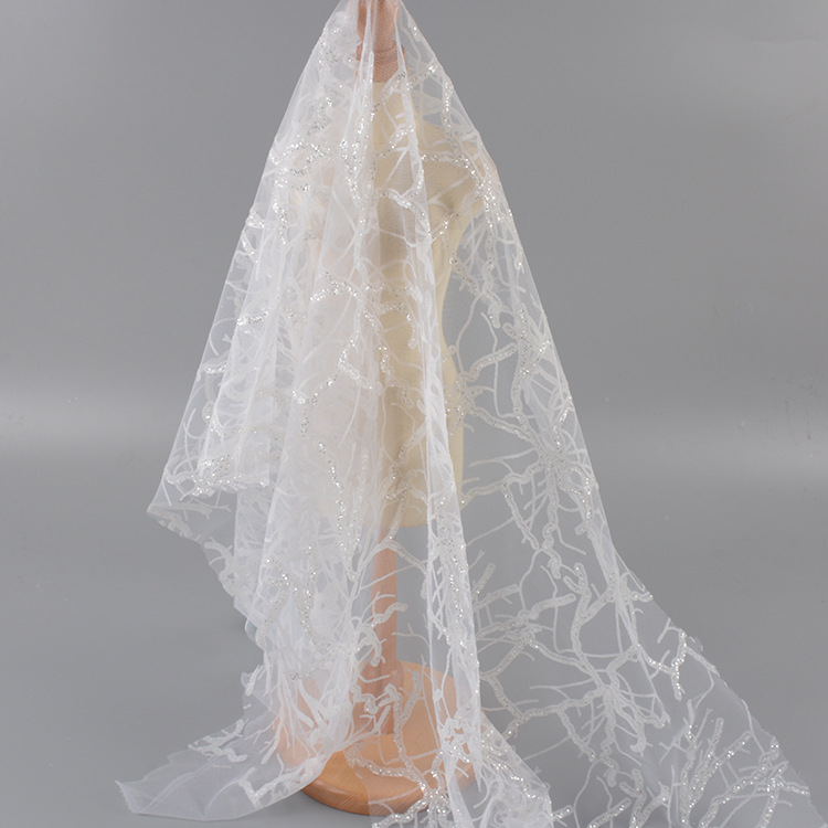 Fabricante de suministro de malla sequinilla blanco tela de árbol primavera-verano moda de mujer vestido de boda tela