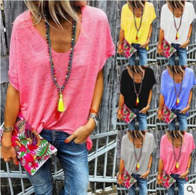 Новая летняя женская футболка с V-образным вырезом и коротким рукавом в конфетных цветах для eBay, AliExpress, Wish, Amazon (коллекция 2024 года)