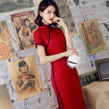 中国风新款改良旗袍蕾丝连衣长裙修身复古气质时尚妈妈女装批发