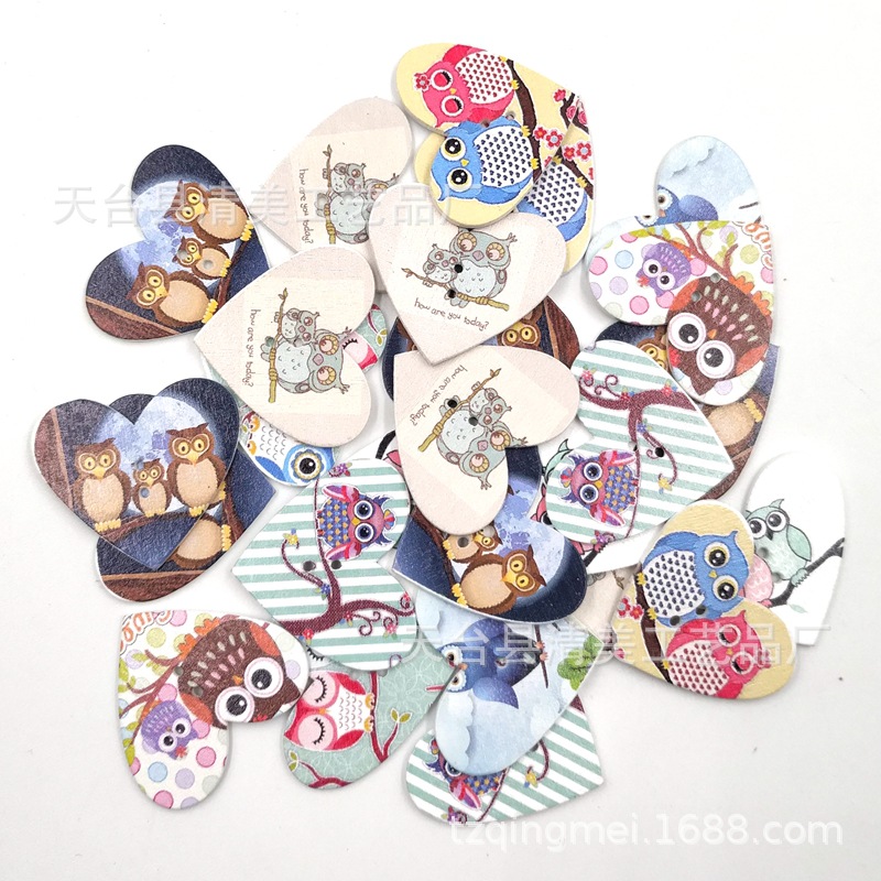 Bricolaje pintado madera búho melocotón corazón botón de madera hecho a mano de los niños botón pintura especial 50 unidades un paquete