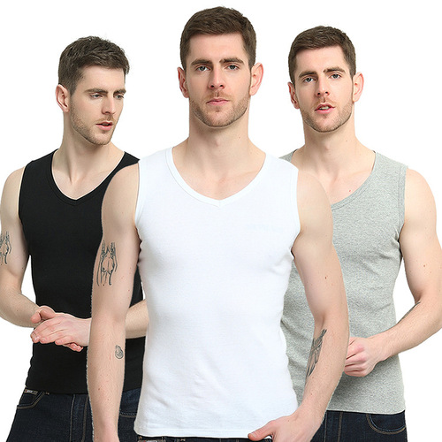 New men's wide-shoulder undershirt pure cotton sleeveless breathable keyfit summer round neck solid color track ribbed men's undershirt