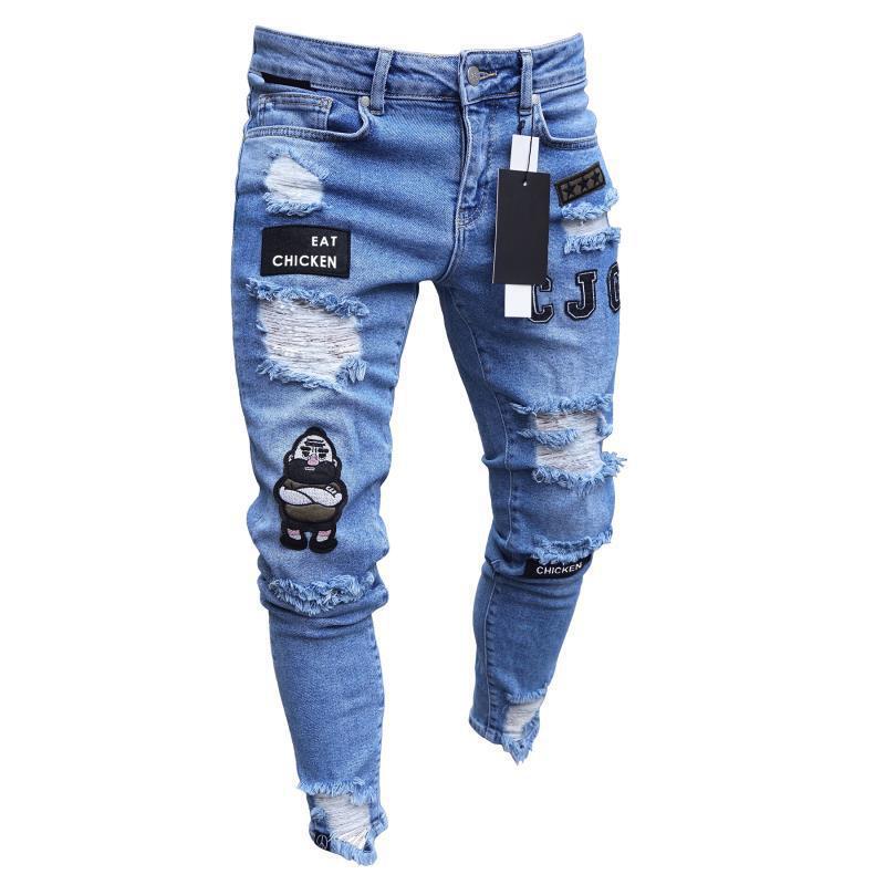 Stretch cross-border AliExpress Amazon wish European and American foreign trade Men's skinny jeans embroidered ripped leggings