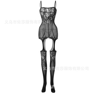 European and American Sexy Lingerie Women's Hollow Silk Stockings Tight-Fit Mesh Clothes Siamese Hollow Adjustable Shoulder Strap w038