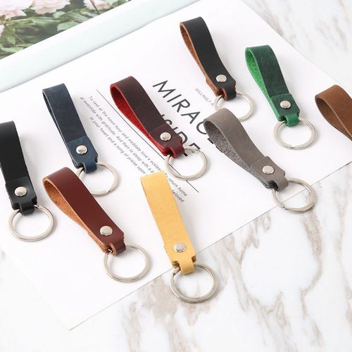 Korean style men's belt hanging car keychain, genuine leather single ring, creative personalized small gift, simple and fashionable