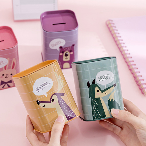 Korean style square metal tinplate piggy bank British style piggy bank cartoon animal storage tank piggy bank