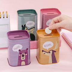 Korean style square metal tinplate piggy bank British style piggy bank cartoon animal storage tank piggy bank