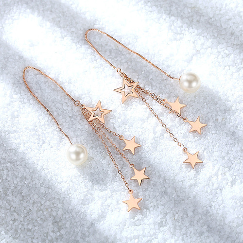 Tassel five-pointed star earrings, mid-length Korean style rose gold earrings, feminine simple earrings wholesale