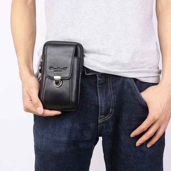Men's leather waist bag multi-functional 5.5-inch 6-inch mobile phone waist bag belt cowhide mini hanging bag certificate pouch