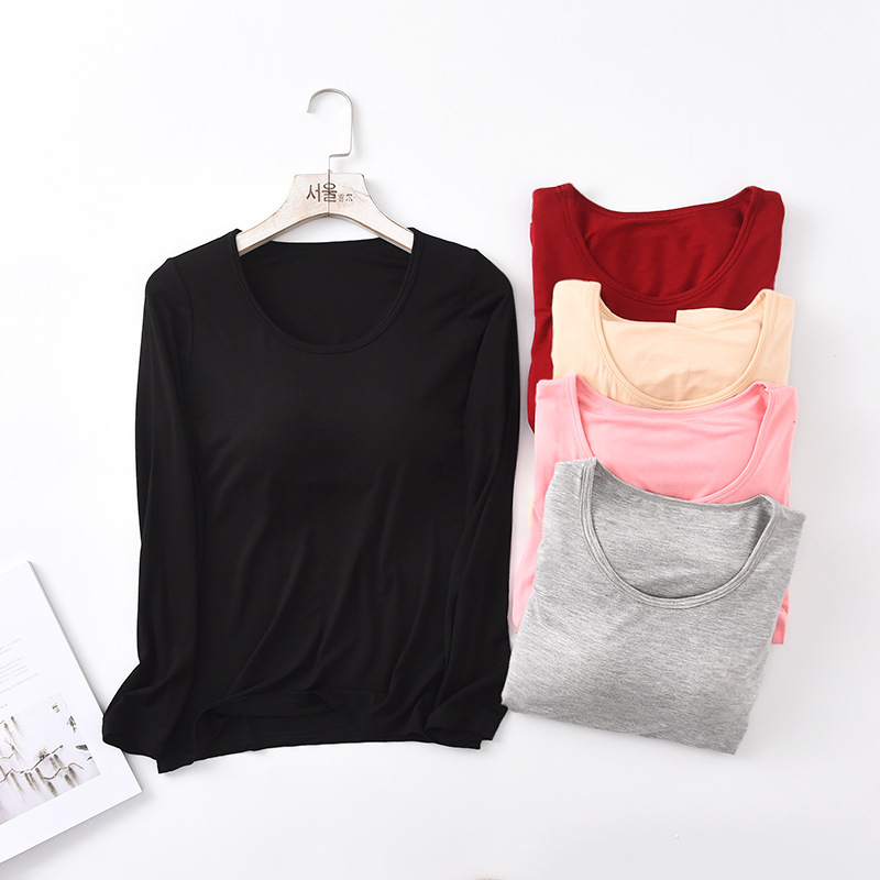 Autumn and winter new manufacturers wholesale modal with chest pad cup one solid color simple ladies bottoming long sleeve shirt Autumn and winter new manufacturers wholesale modal with chest pad cup one solid color simple ladies bottoming long sleeve shirt