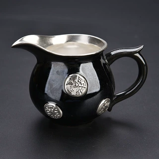 陶瓷鎏银正把纽扣公道杯复古功夫茶具陶瓷鎏银耐热分茶器手工鎏银