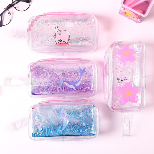 New cute cartoon cosmetic bag creative girl quicksand oil large capacity storage cosmetic bag transparent pencil bag