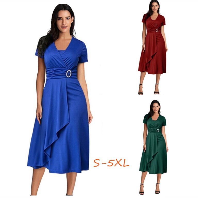 Ebay Aliexpress Summer Sexy Asymmetrical Swing V Neck Women's High Waist Midi Dress Solid Color Evening Dress