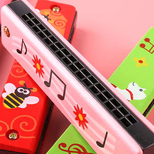 Double-row sixteen-hole children's wooden painted harmonica creative enlightenment early education toy musical instrument new and unique parent-child teaching aids