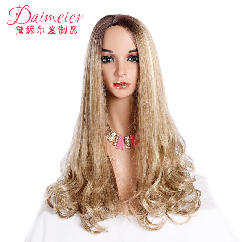 Amazon hot-selling hair cover mid-point dyeing gradient chemical fiber wig pear flower hair cover European and American wig long curly hair