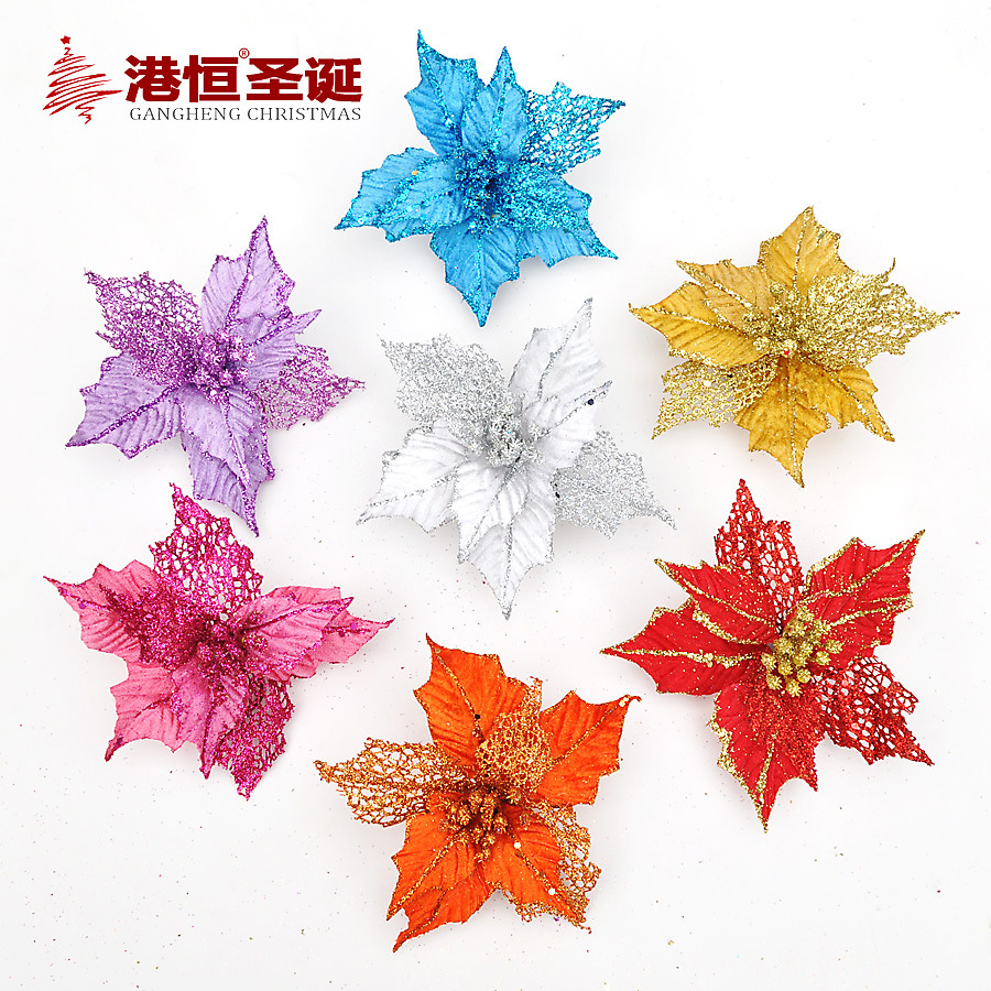 Adorno de flores artificiales de doble capa con adhesivo hueco, flor de 16 cm, árbol de Navidad, adornos de Navidad, decoración navideña