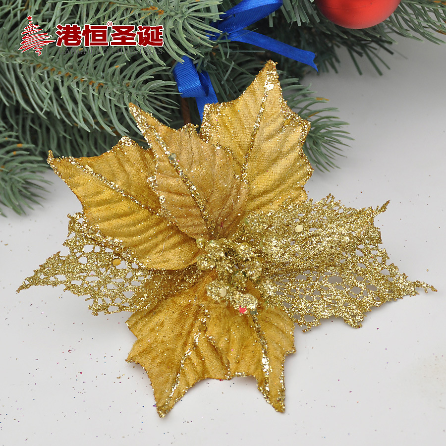 Adorno de flores artificiales de doble capa con adhesivo hueco, flor de 16 cm, árbol de Navidad, adornos de Navidad, decoración navideña