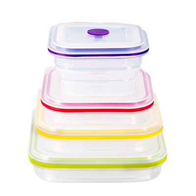 纯硅胶方形透明饭盒野餐户外便当盒 欧标硅胶折叠透明保鲜盒餐盒