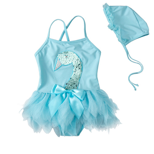ins new children's swimsuit girls one-piece swimsuit ballet swan mesh baby korean style swimsuit swim cap